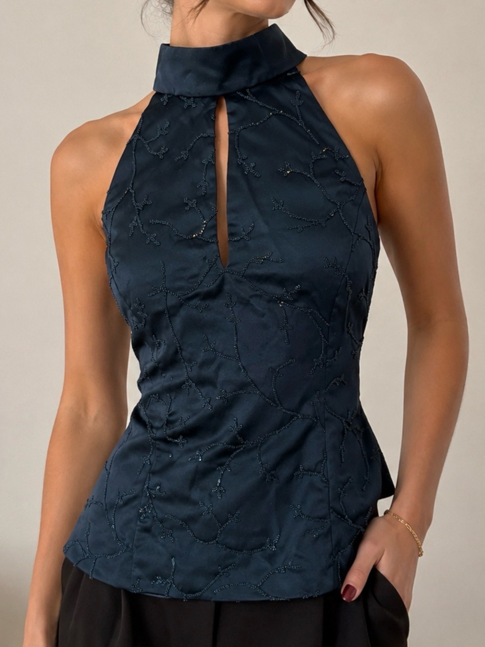 Cache Vintage Vampy Black Embroidered Halter Neck Satin Top
